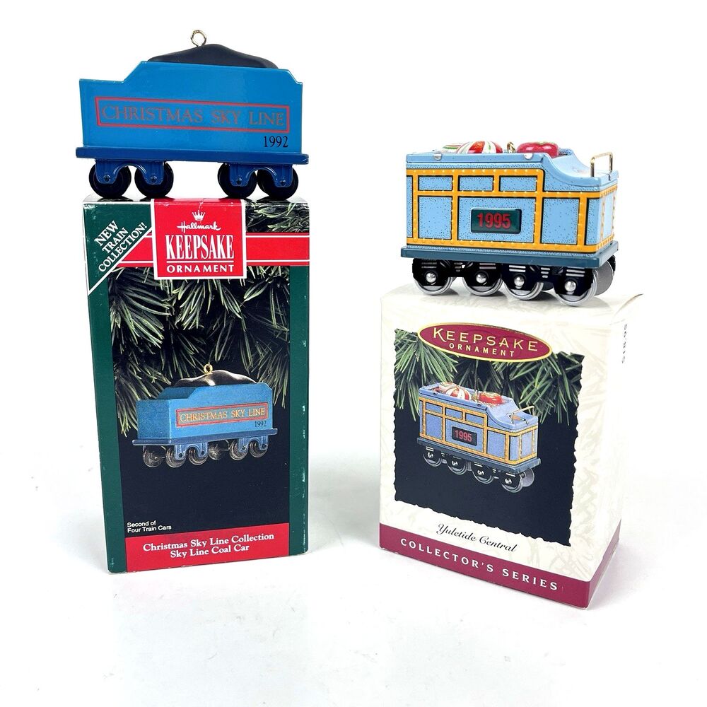 2 VTG Hallmark Christmas ornaments Coal Car Trains Yuletide Central & Skyline